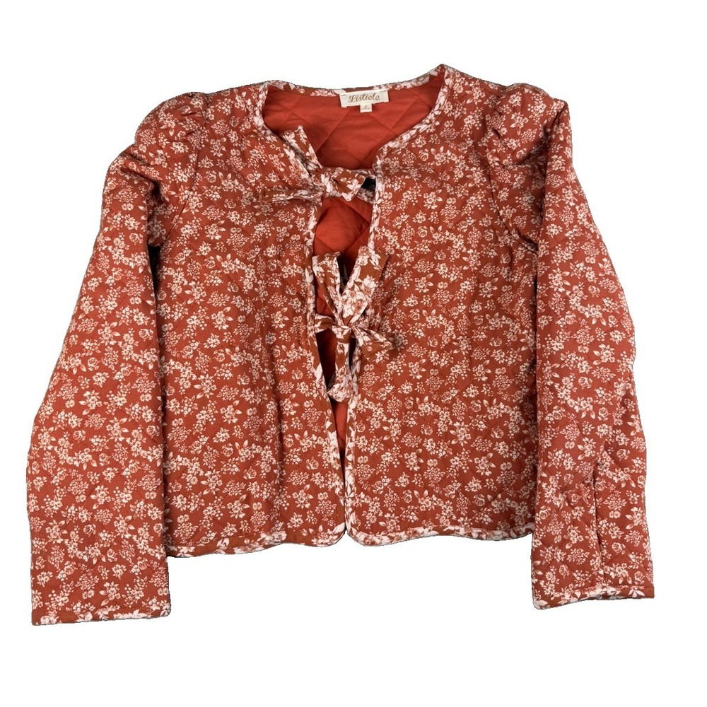 Listicle Quilted Jacket Womens S Rust Floral Tie Cottagecore Puff Sleeve